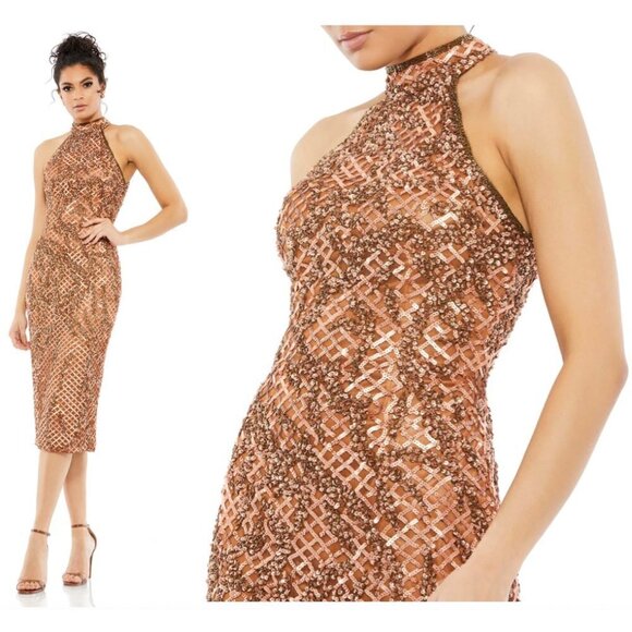 MAC DUGGAL Sequin Plaid Halter Neck Cocktail Dress in Copper Size US 4 - Picture 1 of 8